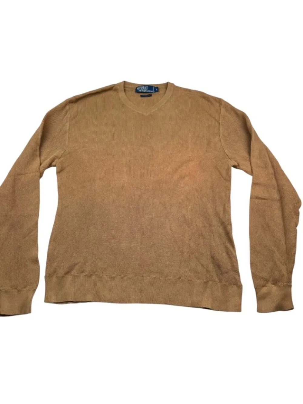 VTG Polo Ralph Lauren Men's 100% Cotton Knit V-Neck Pullover Sweater Tan • Large